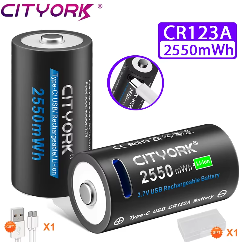 CITYORK CR123A Bateria 2550mWh 3.7V Akumulator Li-ion 16340 Do Latarki LED 16350 RCR123 Bateria + Kabel USB Type-c