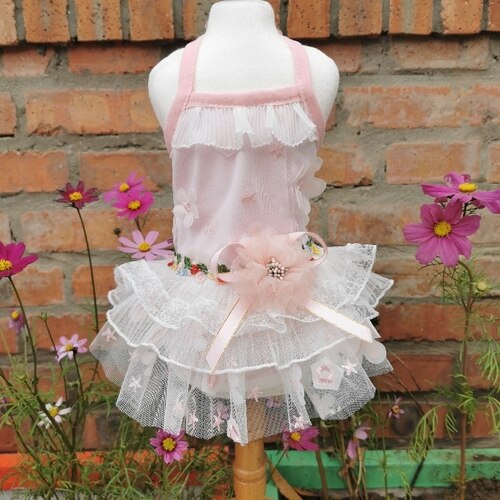 Fine Handmade Pet Dog Clothes Cute Pink White Flower Lace Tutu Dress Puppy Dog Clothing Summer Outfit Dog Skirt Poodle: Pink / XS
