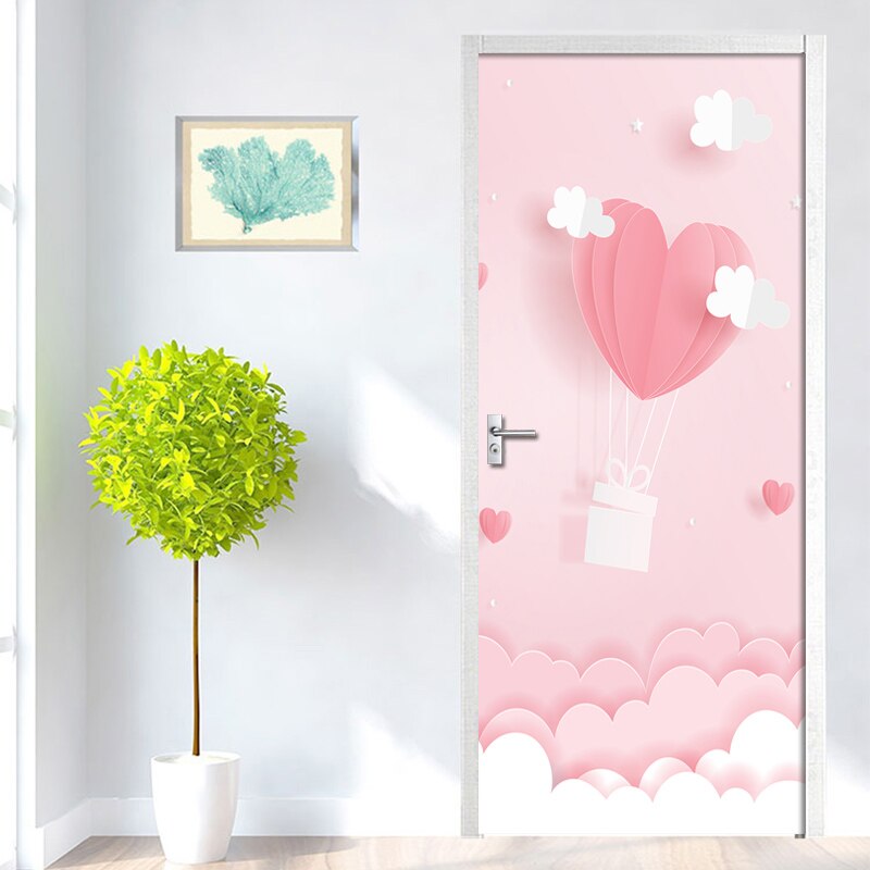Pink Cartoon Door Sticker of 3D Waterproof Wallpaper On Door Home Decor Self Sticker Wallpaper For Living Room Renovation Decal