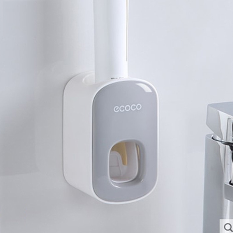 Vægmontering automatisk tandpasta dispenser badeværelse tilbehør sæt tandpasta squeezer dispenser badeværelse tandbørste holder værktøj: Grå