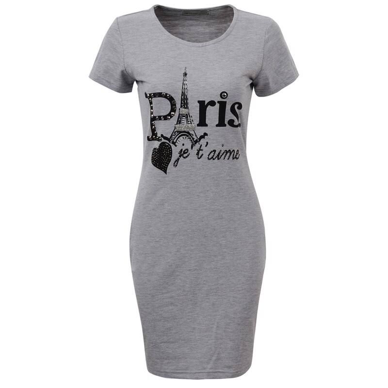 GLO-STORY Women's Casual Streetwear Knitted O-neck T-shirt Mini Dress with Paris Diamond Print 1076: Grey / M