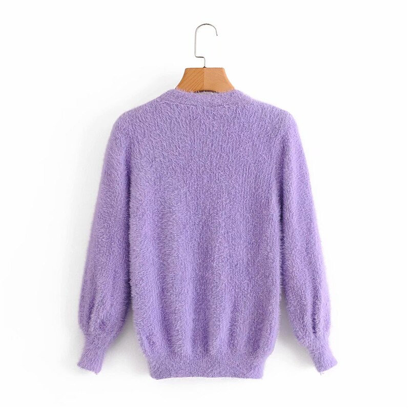 LUNDUNSHIJIA Autumn Women Mohair Short Sweaters Ladies O-neck Long Sleeve Slim Solid Color Pullovers Top