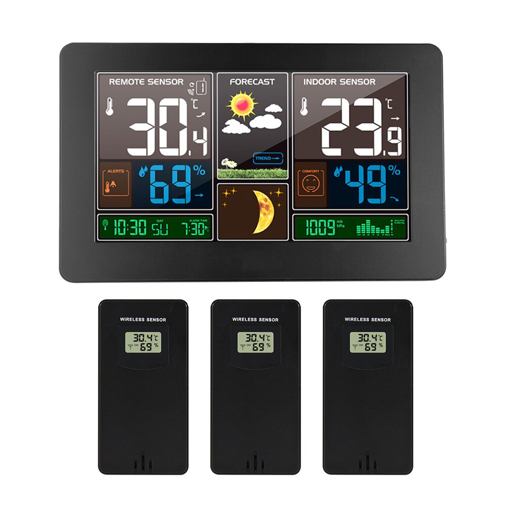 Reloj de pared Digital, estación meteorológica con 3 sensores, termómetro inalámbrico para interior y exterior, higrómetro, barómetro, pronóstico, reloj moderno, 40 ℃: Black 3