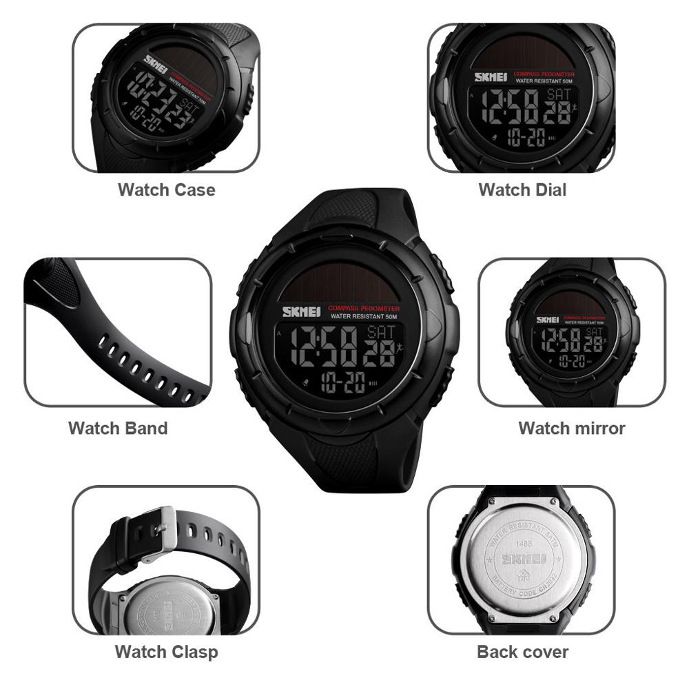 SKMEI boussole montres solaires hommes podomètre Calories montres hommes numérique Sport de plein air alarme heure Chrono reloj hombre 1488