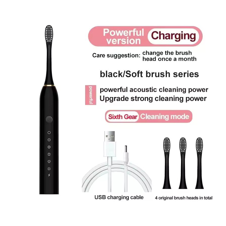 Brosse à dents électrique ultrasonique, Six vitesses, cheveux doux pour la maison, chargement USB, nettoyeur de dents étanche pour adulte, ensemble automatique pour Couple: Black