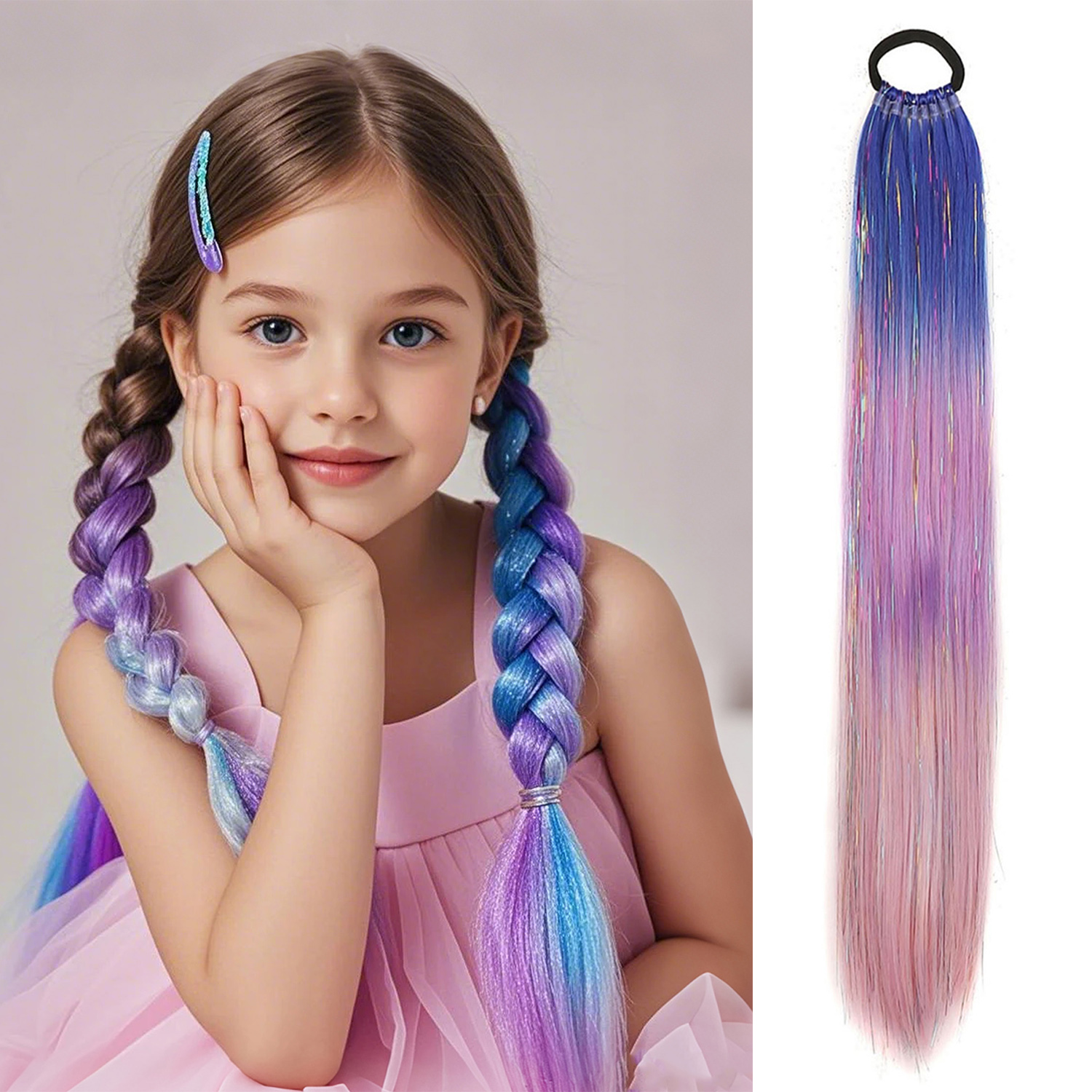 Extensão de rabo de cavalo roxo azul com laço de cabelo elástico glitter trança de cabelo para crianças meninas cabelo louco dia corajoso cabelo: Azul