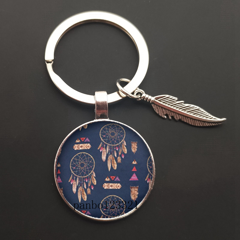 Dream Catcher Tone Key Chain Dream Catcher Feather Round Glass Convex Photo Keychain: P4/27
