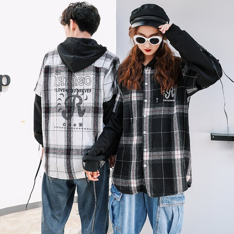 Hip Hop Couple, Hoodie,loose plaid shirt,Long Sleeve Shirts Men Casual Streetwear Coats Male Hipster Shirts Tops