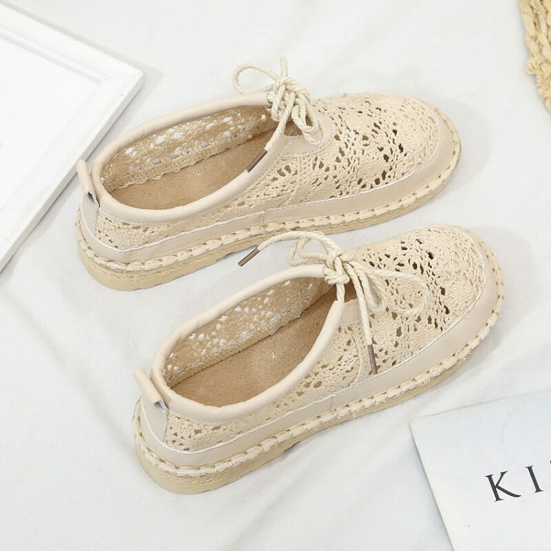 COOTELILI – chaussures plates respirantes à lacets pour femmes, Oxfords ajouré, bout rond, blanc, Beige