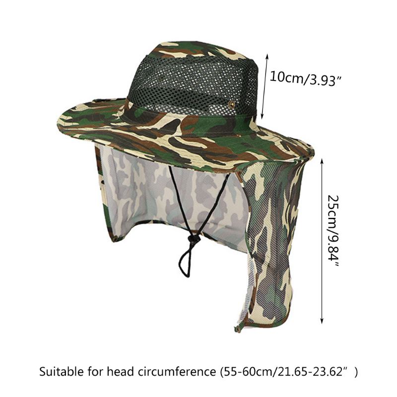 Men Women Summer Camouflage Floppy Bucket Hat with Mesh Neck Flap Protector Outdoor Hiking Fishing Wide Brim Boonie Cap