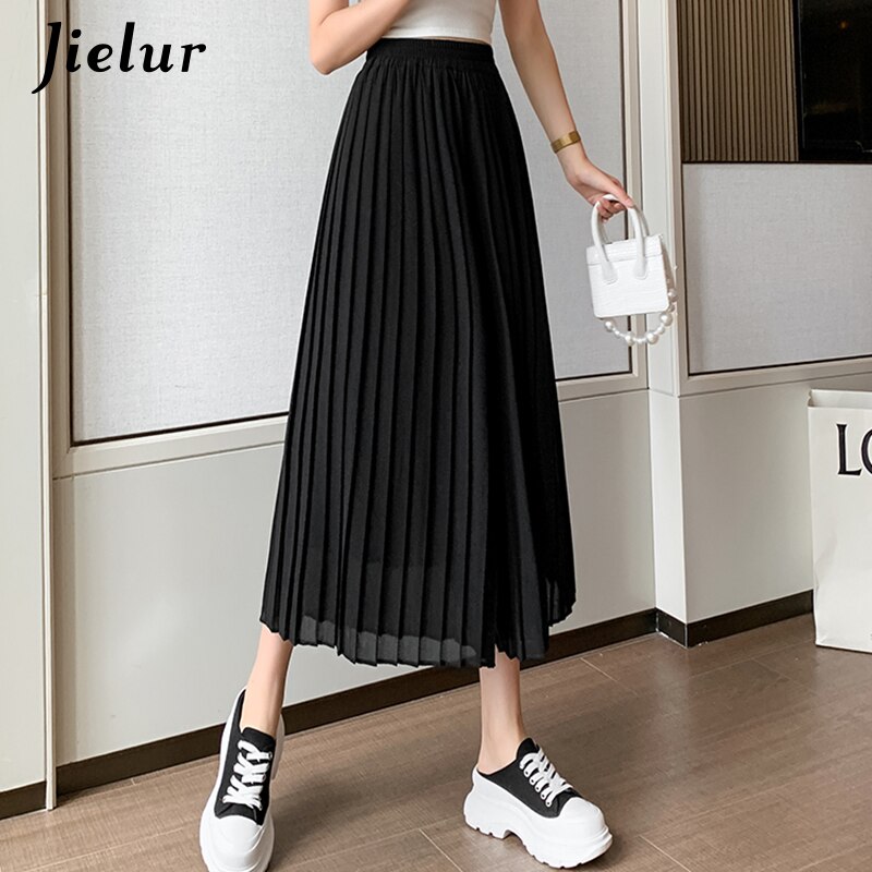 Jielur sommer plisserede chiffon bukser med brede ben kvinder casual sorte midi bukser nederdele kvindelige højtaljede lige kvinder #39 ;s bukser: Sort / Xl