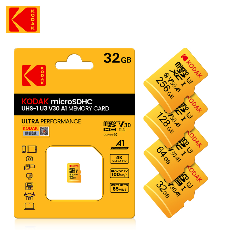 Kodak-Tarjeta de memoria Flash Micro SD, 128GB, 256GB, U3, A1, 32GB, 64GB, TF, 4K, Clase 10, U3, UHS-I, 16GB