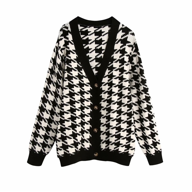 Evfer-cardigan pied de poule pour femmes, pull tricoté noir, pull à carreaux Chic, col en v, à manches longues, automne décontracté