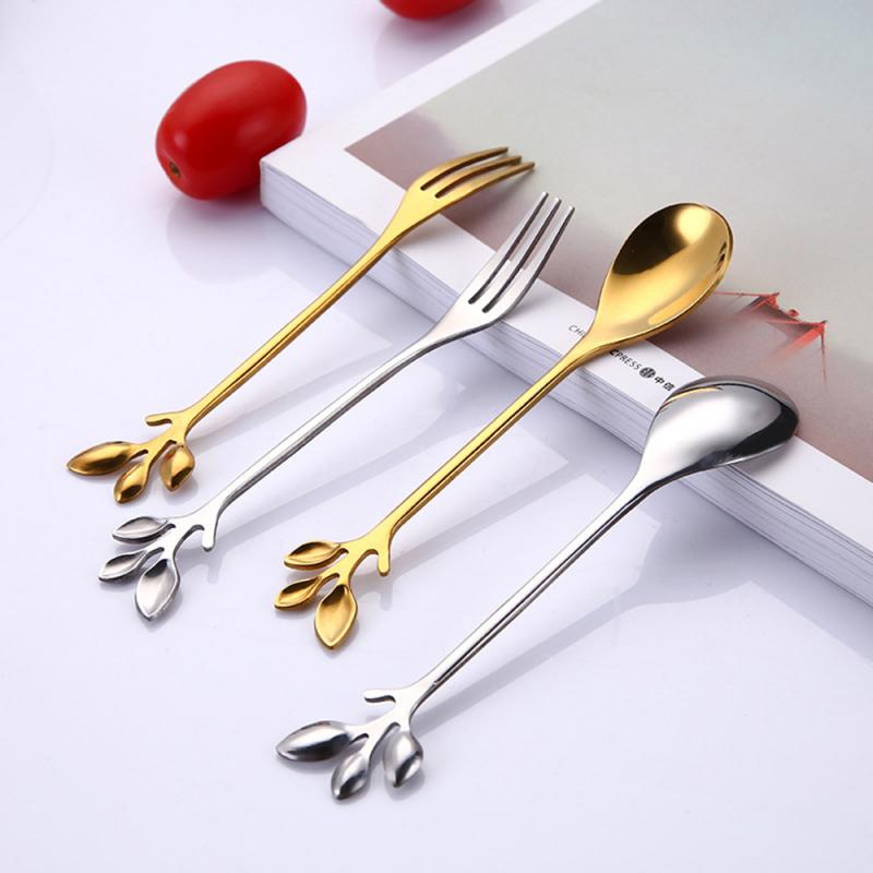 Silver Leaves Spoons Teaspoon Fork Mini Royal Style Metal Gold Carved Coffee Snacks Fruit Prikers Dessert Fork Kitchen Bar Tool