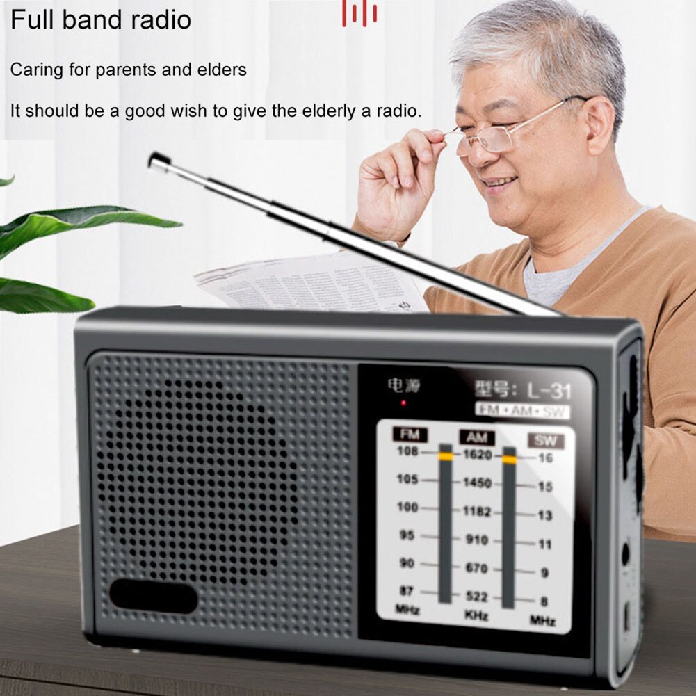Full Band Radio Portable FM AM SW Radio Receiver Retro Loudspeaker with Retractable Antenna 3.5mm Headphone Jack Rechargeable