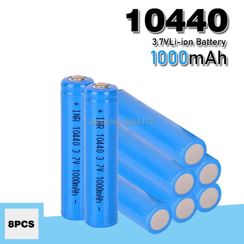 10440 aaa koko 3.7v 1000 mah 10440 litium-li-ion akku painikekansi radiopeliohjaimen led-valo taskulamppukello: 8 kpl