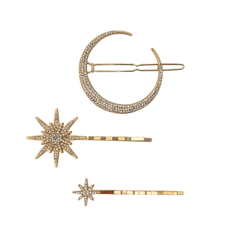 Horquillas laterales de cristal para mujer, pasadores de Metal para el cabello, accesorios para el cabello para niña, conjunto de Clips de diamantes de imitación con estrellas y Luna, horquillas de estrella: Rodio plateado