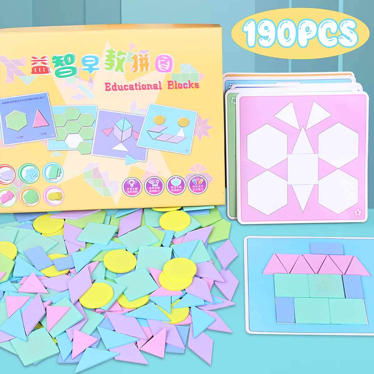 190 stuks puzzels  +18 panelen houten geometrisch bord puzzel tangram legpuzzel bord speelgoed baby vroeg educatief leerspeelgoed voor kinderen