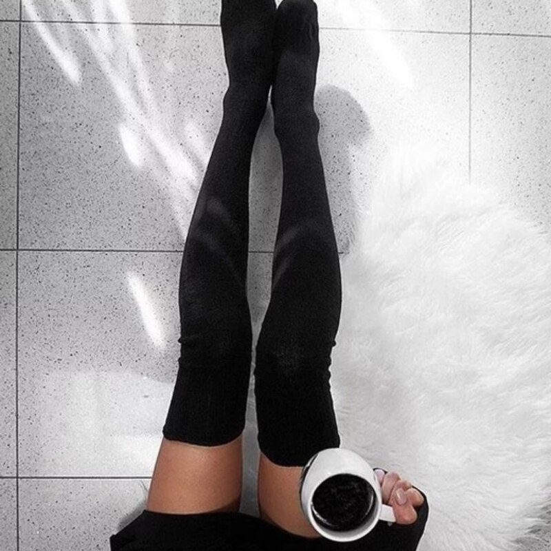 Chaussettes Sexy en coton au dessus du genou, 1 paire, bas haut de cuisse, mince, coloré, noir, gris, blanc, , Long, directe: black