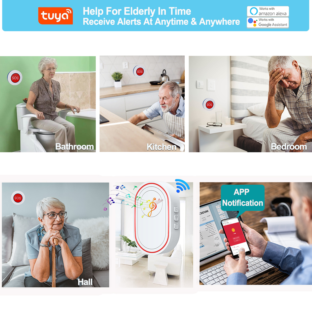 Topvico Wifi bouton de panique alarme prévention des chutes pour personnes âgées démence RF433mhz sans fil lit alarme soignant téléavertisseur Tuya APP