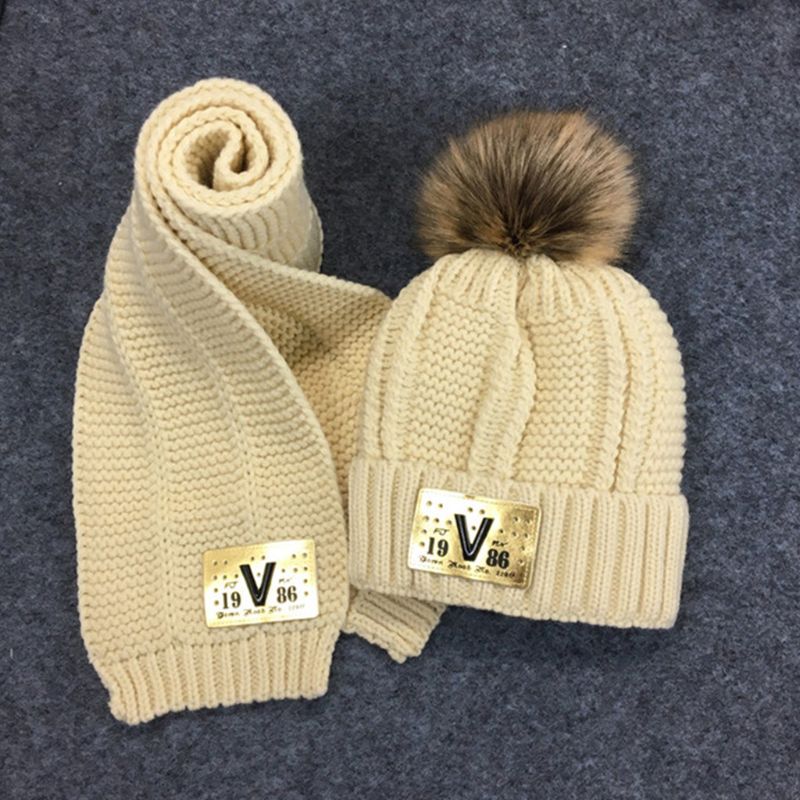 Småbørn børn vinter chunky hæklet pompon varm foring beanie hat langt tørklæde sæt