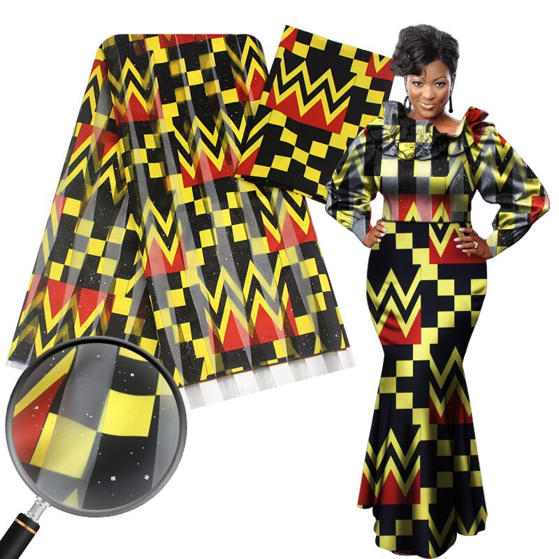 Nigéria ghana organza cetim tecido de seda impressão ancara cera africana 4 jardas + 2 metros chiffon seda para vestido YG812-2: As picture 9