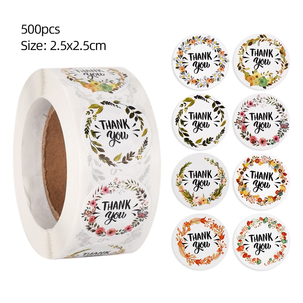 Adesivo redondo floral obrigado 500 peças/rolo, etiquetas de selo de pacote, círculo, papelaria, decoração, casamento, adesivo: H