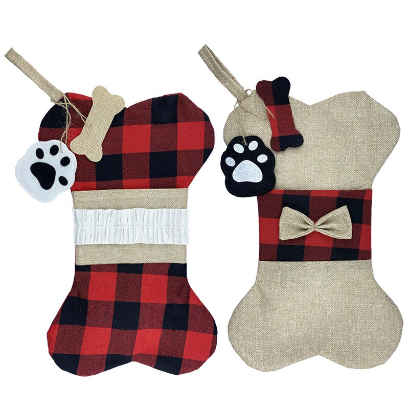 Bas de noël sac toile de jute Plaid os en forme de c suspendus chaussettes de noël sac de bonbons fournitures de fête WXV