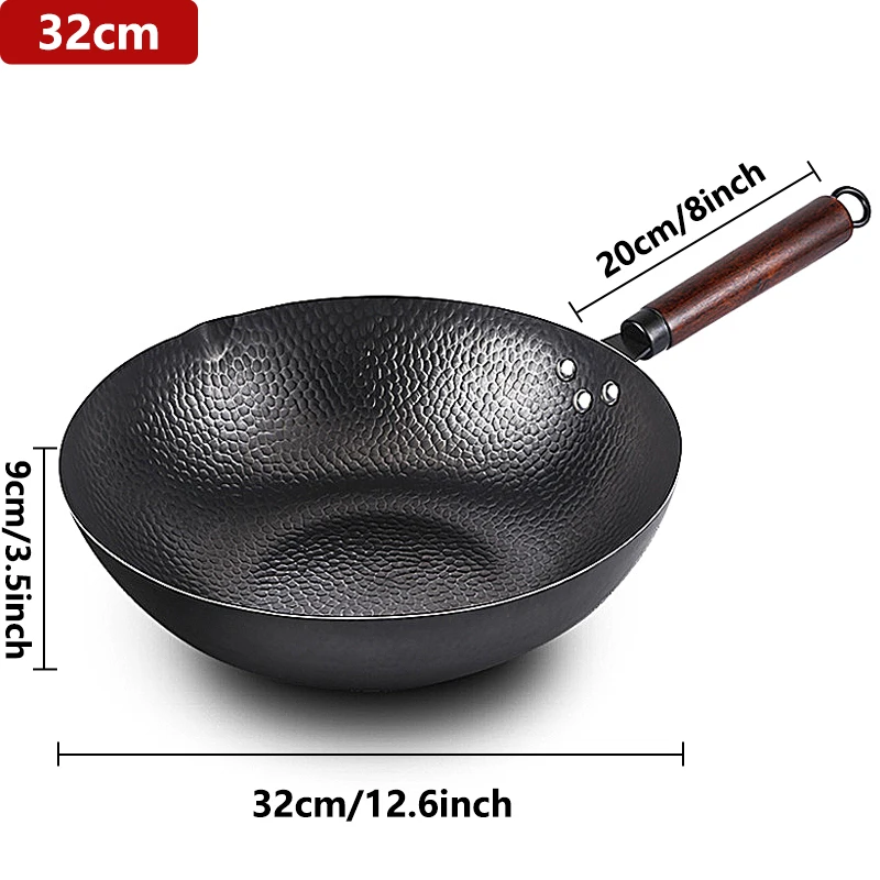 32cm wok-pande i kulstofstål, wok- og wokpander, uden kemikaliebelægning, fladbundet kinesisk wokpande til induktion, gaskomfurer, alle: Hvid