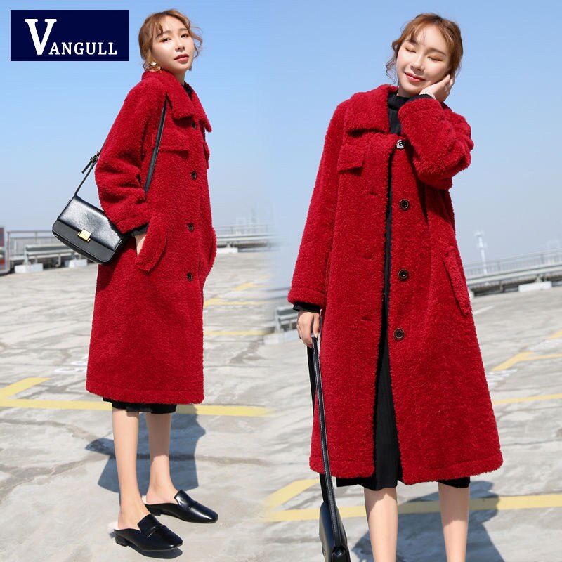 Vangull imitatiebont lange jassen winter casual dames warme lamswol katoenen effen jas plus fluweel dikke bovenkleding