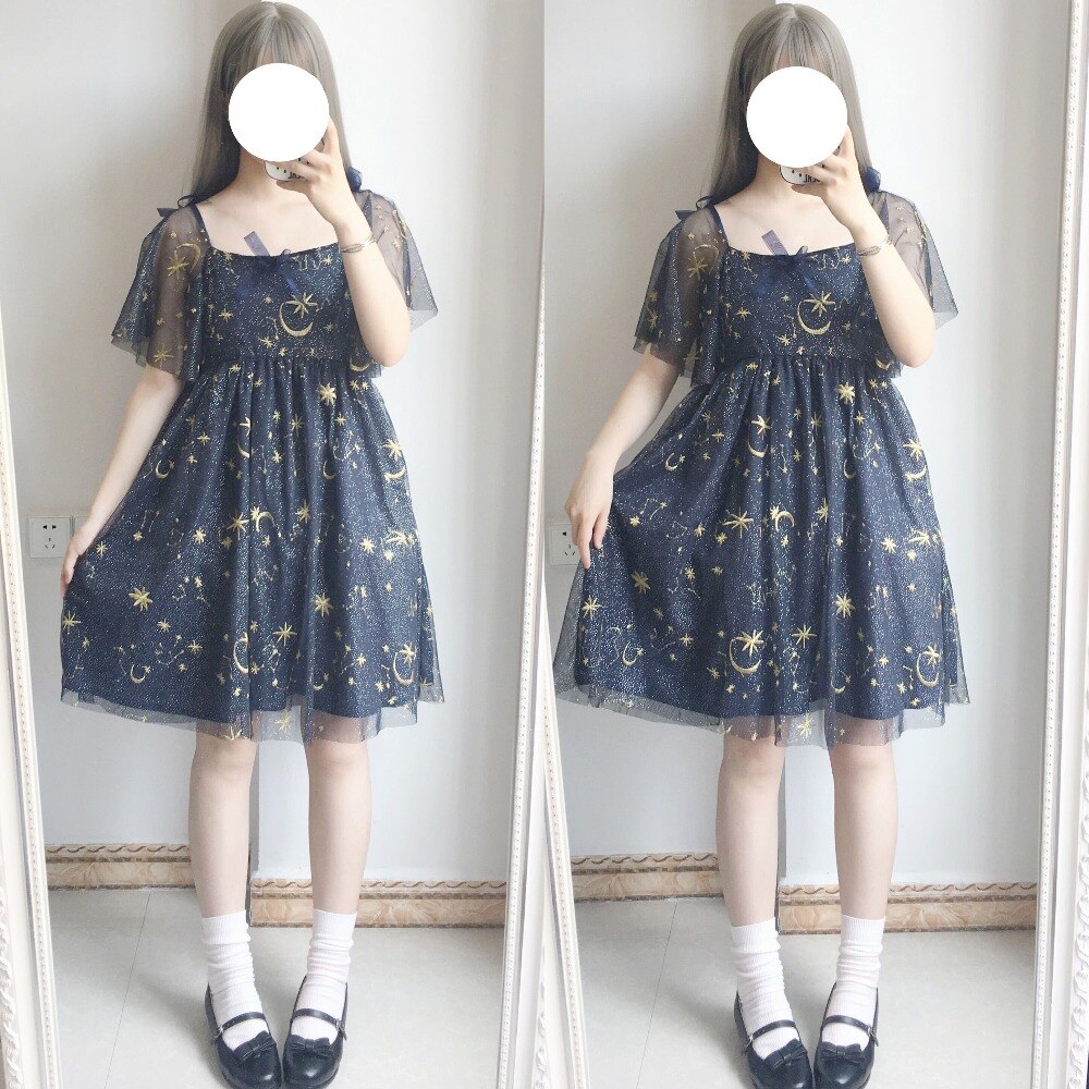 Japonês kawaii meninas lua estrela bordado vestido vitoriano verão lolita vestido chá festa gótico lolita op chá loli cos