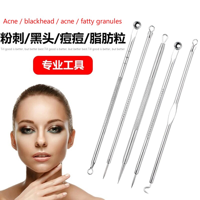 5 stuks dubbelzijdige roestvrijstalen naaldverwijderaar voor het verwijderen van mee-eters, acne, puistjes en puistjes, en reinigings- en huidverzorgingstools