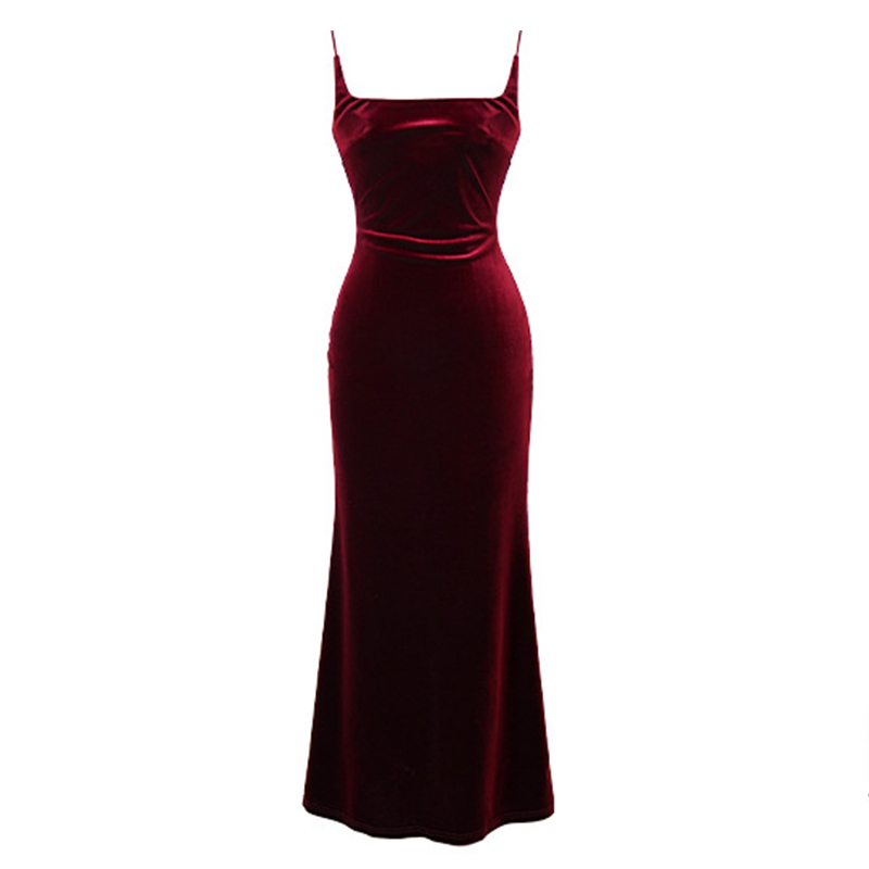 Elegante vestido longo feminino com alça de veludo, sem encosto, fenda maxi, francês, vinho tinto, preto, parte inferior, festa, reunião anual: XL / Rubi