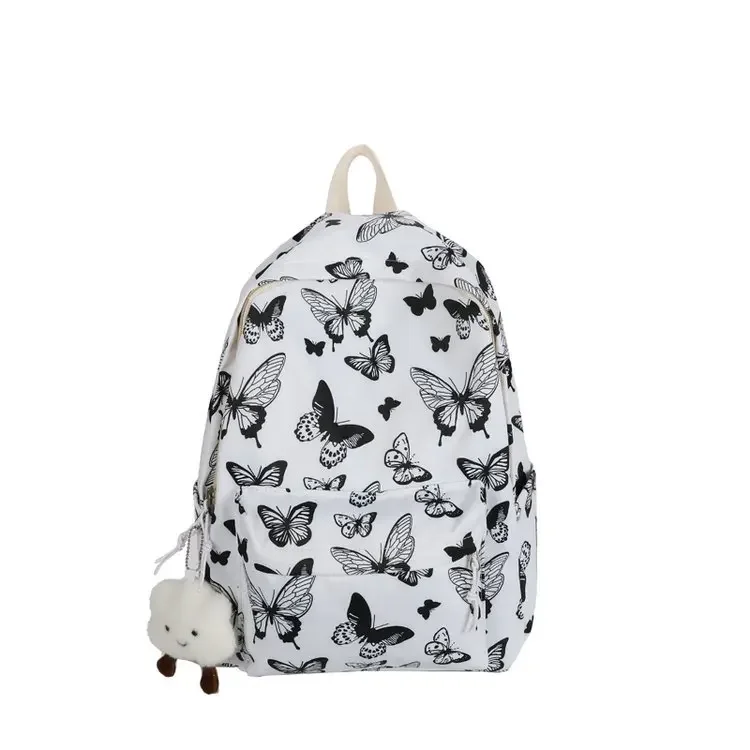 Mochila coreana con de mariposa para mujer, mochila para estudiantes, almacenamiento de libros escolares y organizador de viaje: Blanco