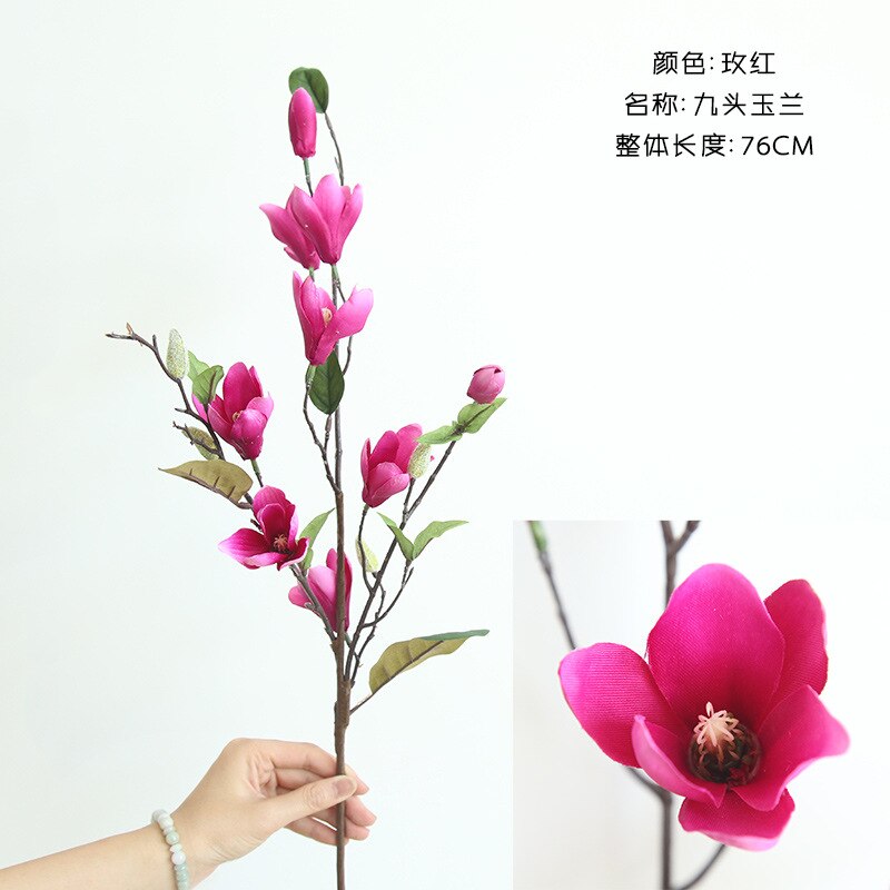 1pc 96cm 9 Heads Artificial Magnolia Flower Branch DIY Bridal Wreath Wedding Bouquet Home Garden Decoration Flores Artificiais: Rose Red