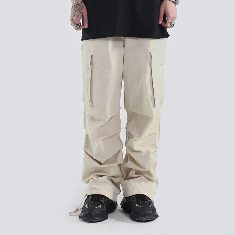 Ropa de trabajo para hombre de estilo Hip-hop plisada unclodonjm, pantalones informales Retro con múltiples bolsillos, pantalones con cintas al tobillo y cordones, CG-2002 para hombre