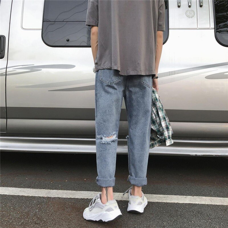 Jeans heren effen gaten oversize 5xl losse harajuku stijlvol in koreaanse stijl chic enkellange rechte herenbroek streetwear
