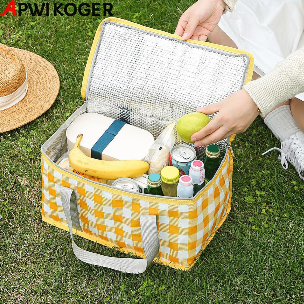 Checkered Picnic Bag Large Capacity Camping Storage Bag Cold Protection Portable Ice Pack Bag Waterproof for Beach School Office