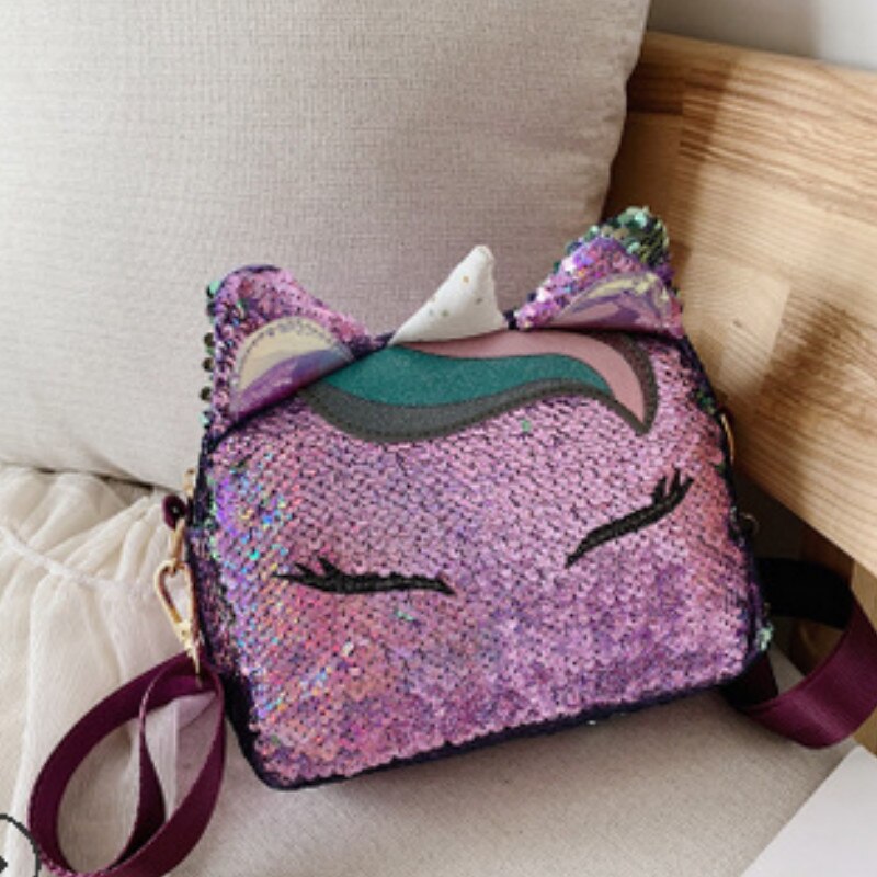 Eenhoorn Handtassen Voor Meisjes Reizen Vrouwen Print Cartoon Schoudertassen Pailletten Crossbody Tas Kerst Leuke Candy Bag: Paars