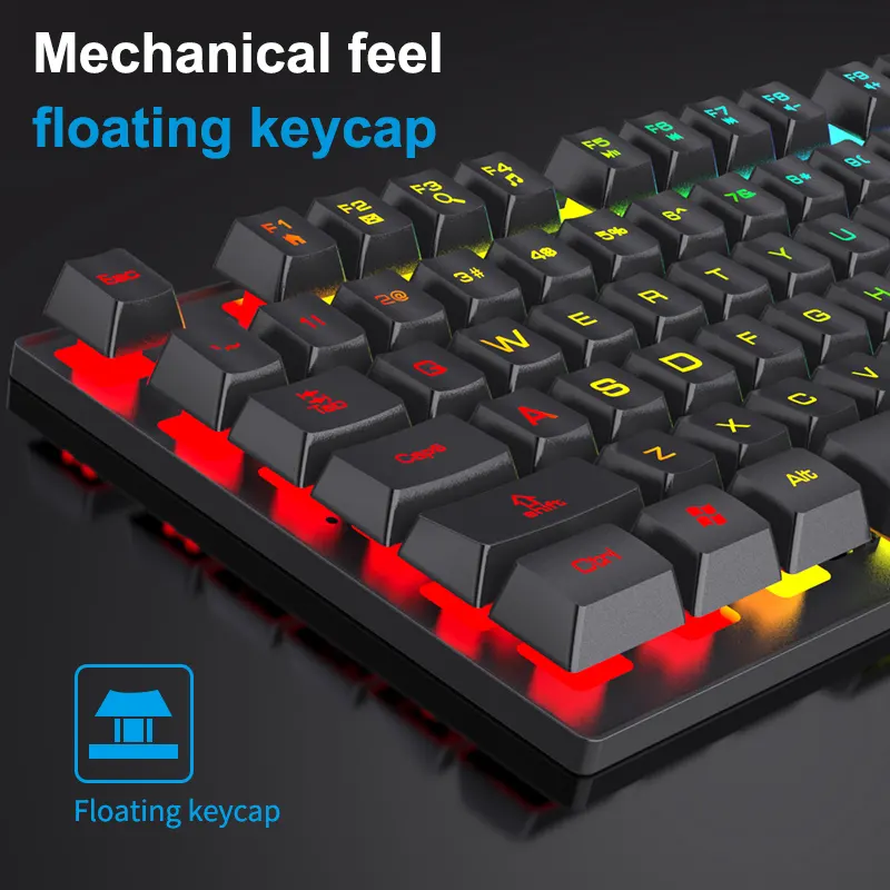 Zestaw komputerowy: klawiatura RGB USB przewodowa, mysz, słuchawki, podkładka pod mysz, klawiatura 104 klawiszy, mysz z 4 przyciskami, odczucie mechanicznego klikania myszy, wodoodporny, pyłoszczelny.