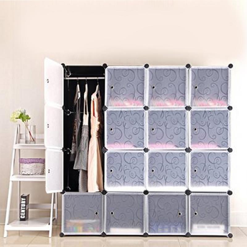 Armoire en plastique à 4 couches à 16 compartiments (1 Rail à vêtements) multifonction anti-poussière étanche à l'humidité armoire Portable étagère de rangement HWC