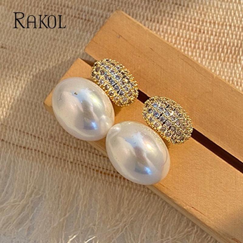 RAKOL-pendientes de perlas de imitación ovaladas para mujer, aretes de circonita cúbica geométrica, joyería nupcial , joyería de boda