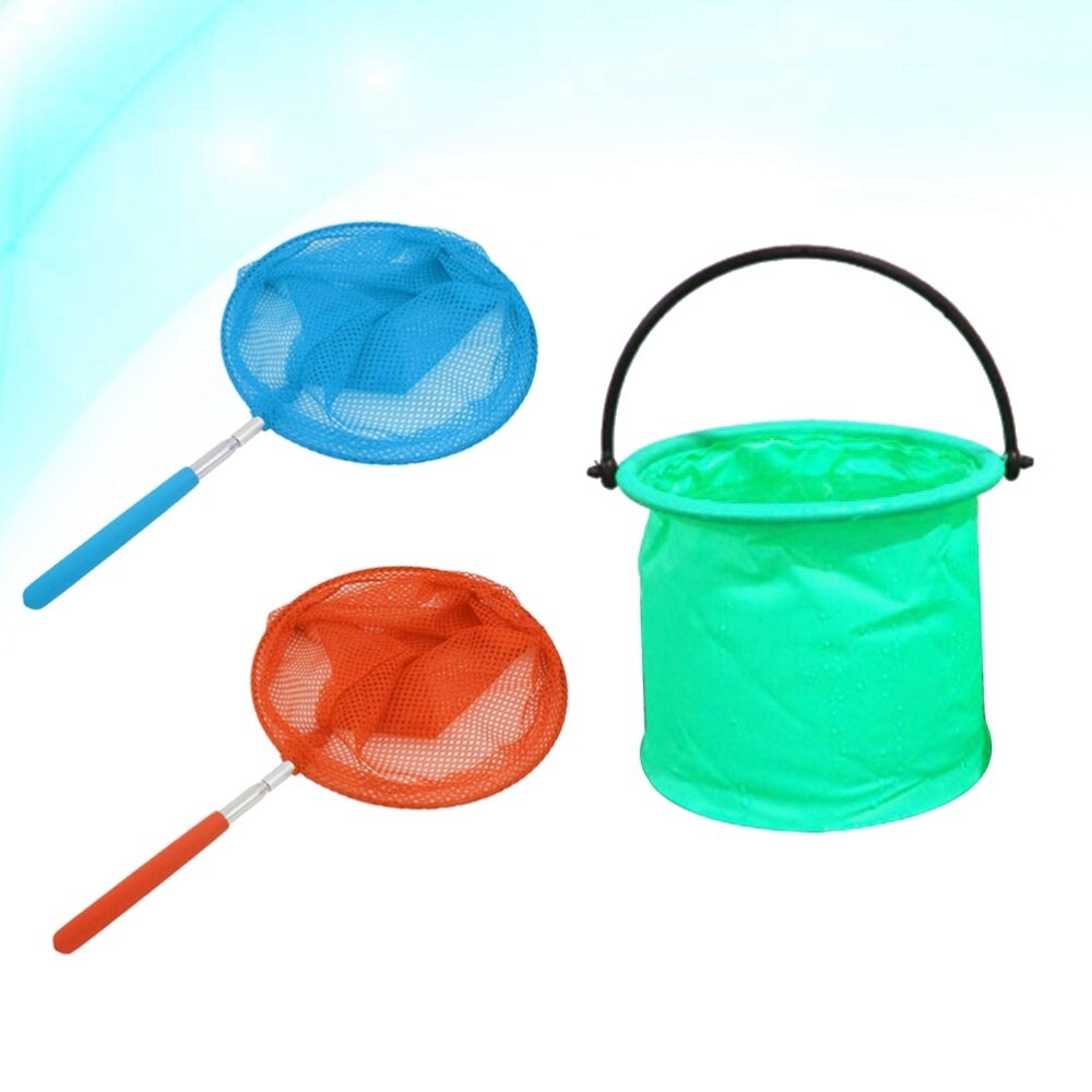 3PCS Children's Fishing Nets and Catching Insects Stainless Steel Telescopic Nets(Orange + Light Blue + Green Folding Bucket)