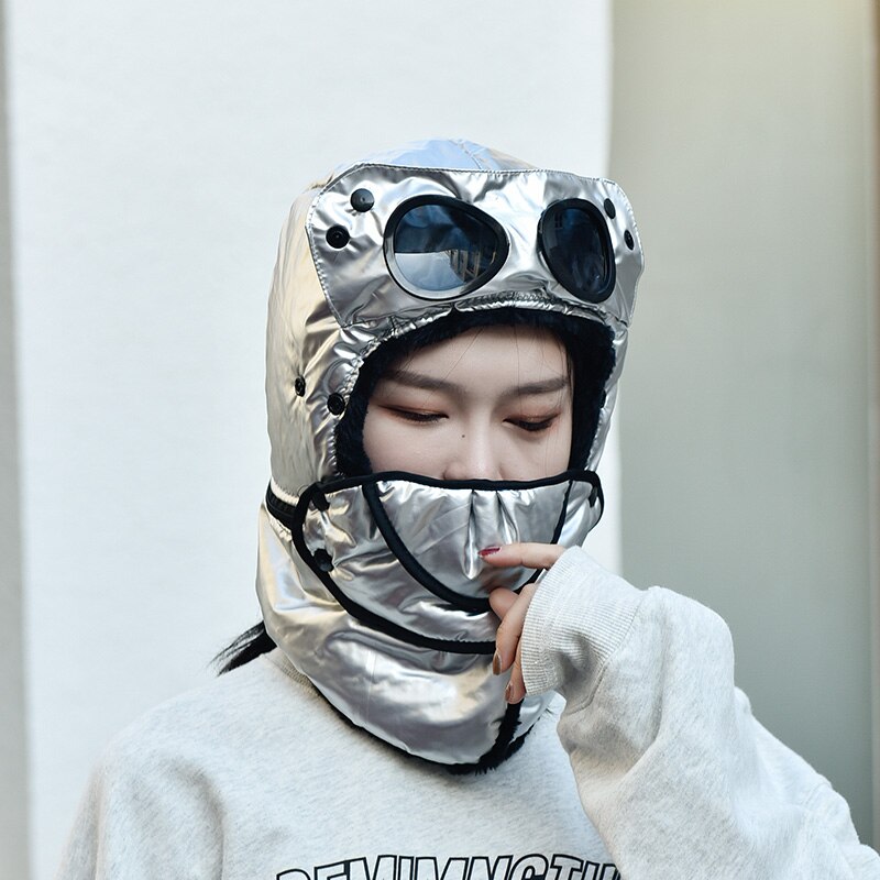 Coole Brille Kappe Neue Uschanka Winter Dicke Warme Faux Pelz Bomber Hut Männer Frauen Ski Maske Earflap Winddicht Volle gesicht Schnee Kappe: Silber