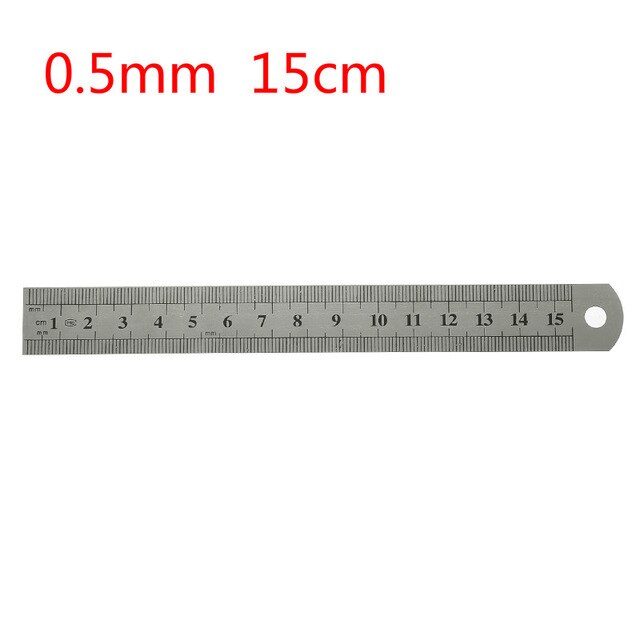 1 stk 15cm/20cm/30cm/50cm dobbeltsidet skala rustfrit stål lige lineal måleværktøj 0.7mm/0.5mm skolekontorartikler: 15cm