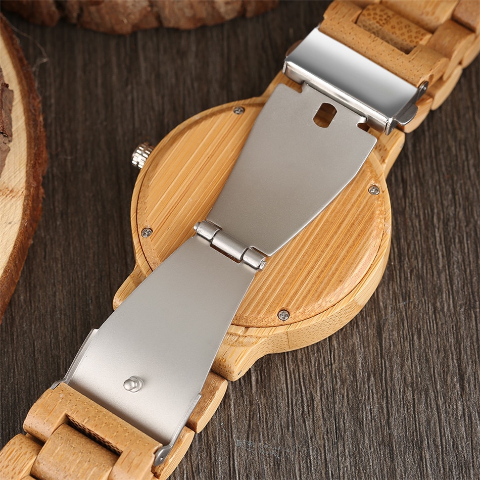 Bamboe Hout Horloge Voor Mannen Trendy Gekleurde Strips Display Mens Houten Quartz Horloge Vouwsluiting Hout Uurwerk