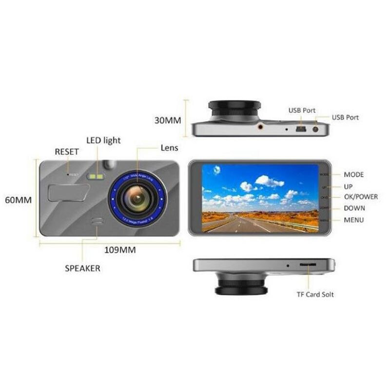 Nueva Cámara DVR para coche de 4 pulgadas, Full HD 1080P, grabadora de vídeo de doble lente, Monitor de aparcamiento, cámara de visión trasera, detección de movimiento automática