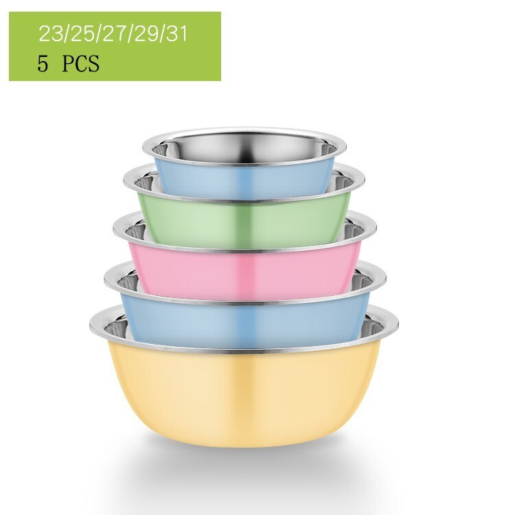 5PCS Stainless Steel Salad Bowl Drain Basket Drainer Mixing Bowls Set Kitchen Vegetables Fruit Washing Storage Container: 23-25-27-29-31