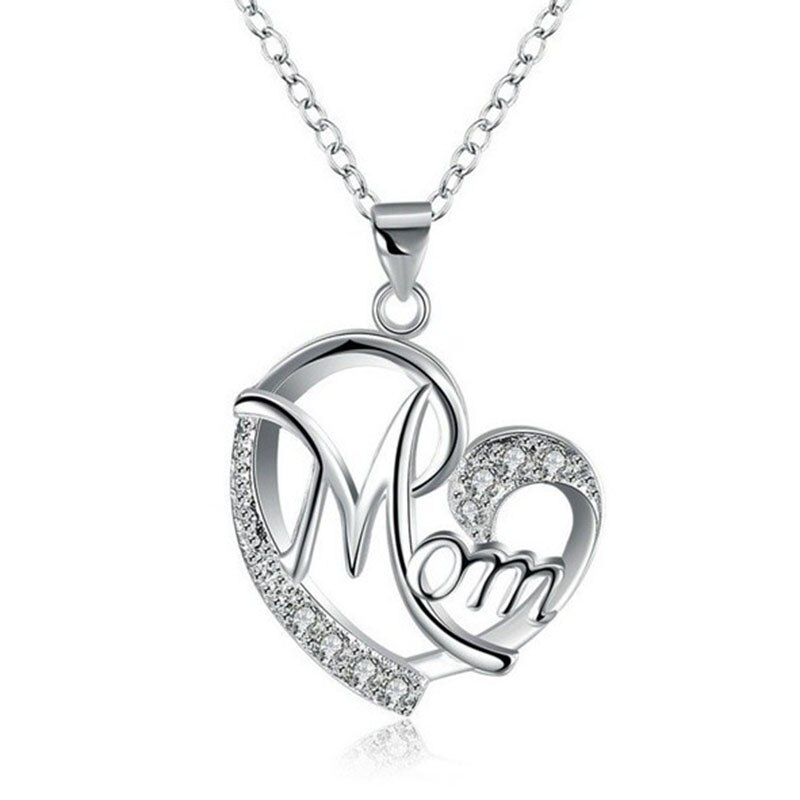 Love Mom Necklace Jewelry MUM Letters Heart Pendant Necklace Mother Day SMR88: Silver