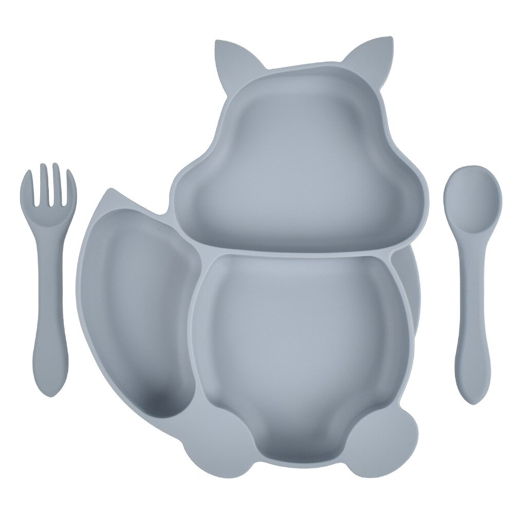 Baby Feeding Set Blue Silicone Suction Plate Squirrel Shape Self Feeding Training Stay Put Plate Soft Spoon Fork Dish Kit: 7